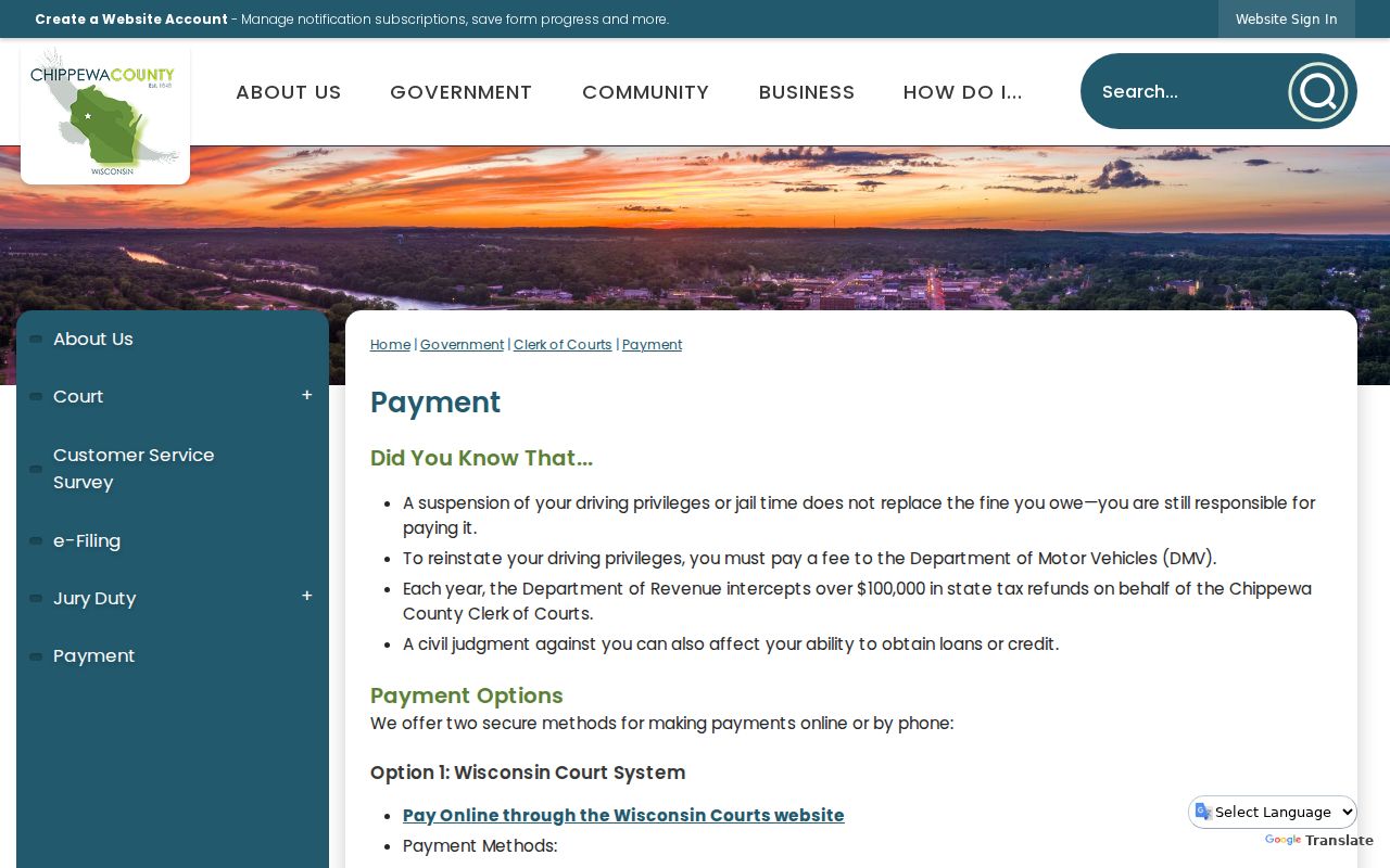 Chippewa County traffic court payment record options
